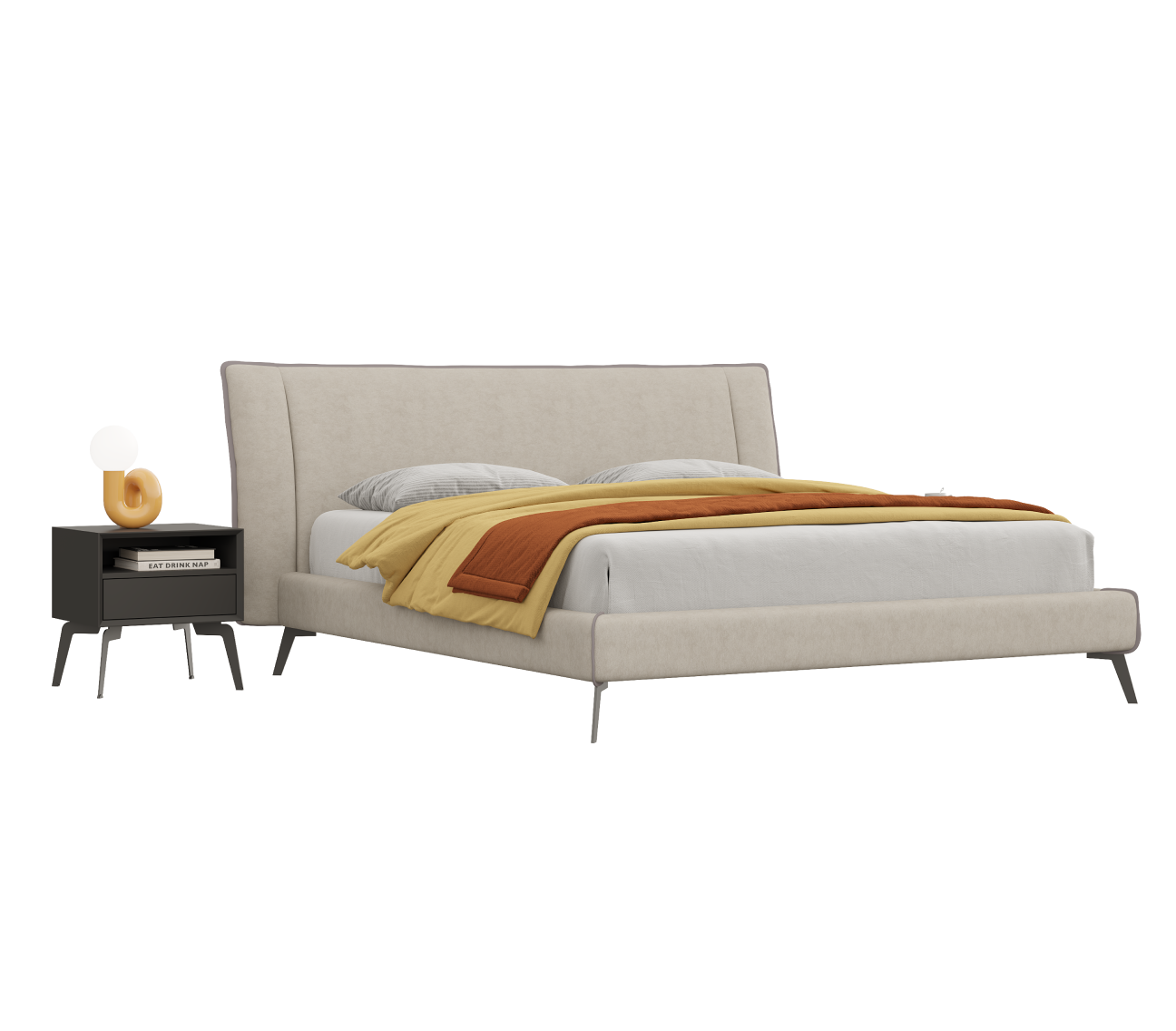 Beige upholstered bed with a yellow blanket on a white background