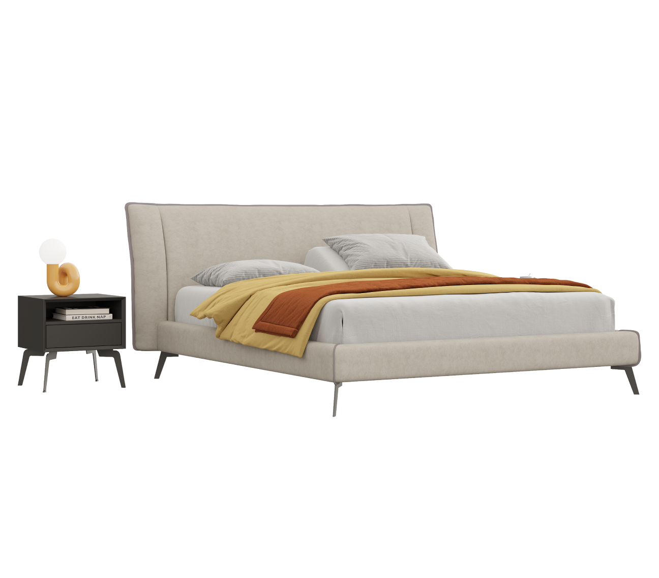 Beige upholstered bed with a nightstand on a white background