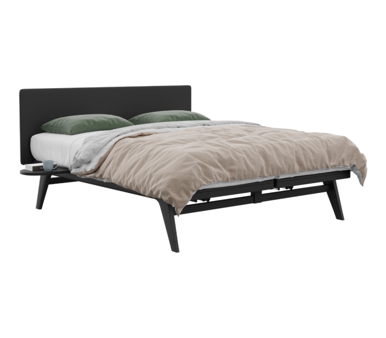 Modern bed with black frame, beige comforter, and green pillows on a white background