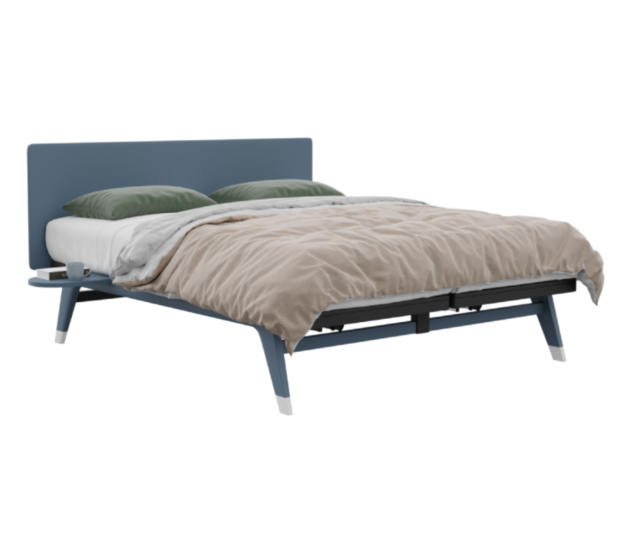 Blue bed frame with beige blanket and green pillows on a white background