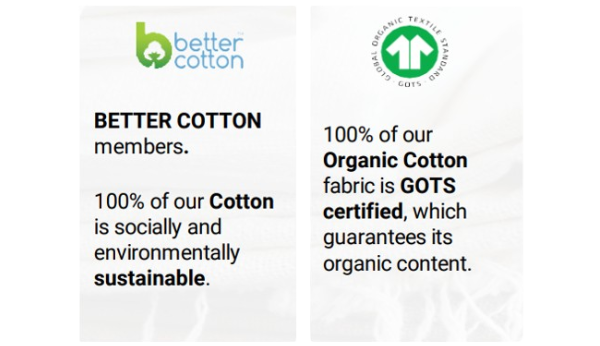 Certification labels for Better Cotton and GOTS on a white background
