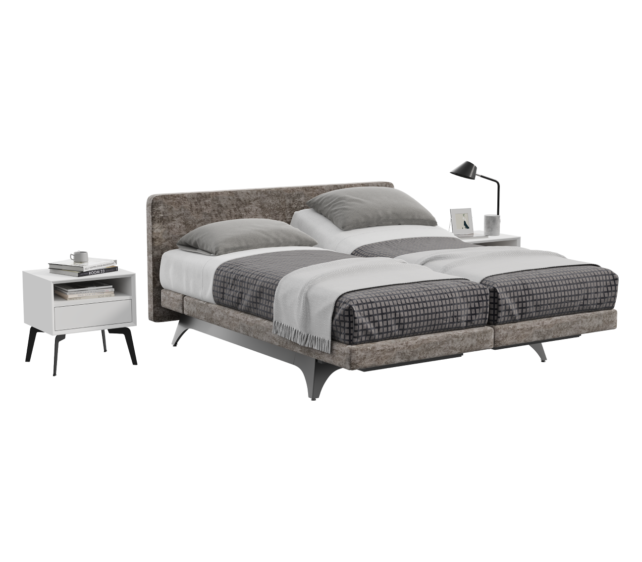 Modern bedroom set with a Champion Support bed, nightstands, and lamp on a white background