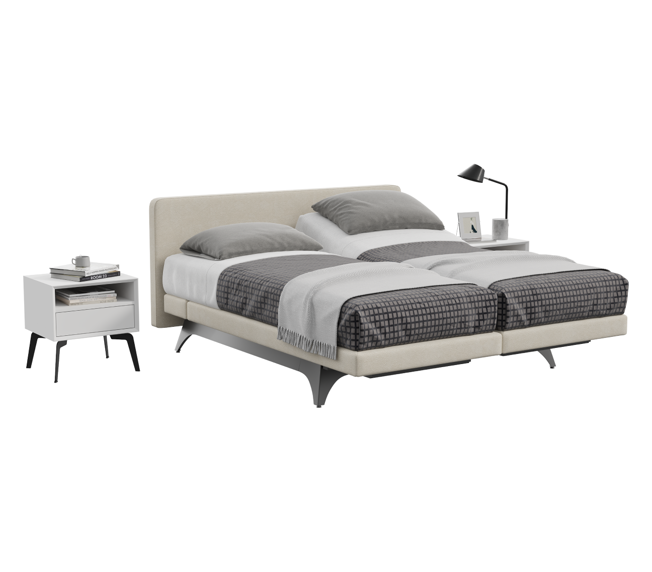 Modern bedroom set with a Champion Support bed, nightstands, and lamp on a white background