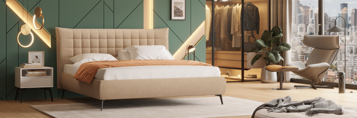Modern bedroom with a large Elisir bed, nightstands, and wall art.