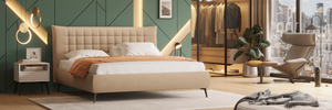 Modern bedroom with a large Elisir bed, nightstands, and wall art.