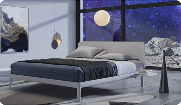 Modern bedroom with a bed, nightstands, and wall art depicting space-themed landscapes.