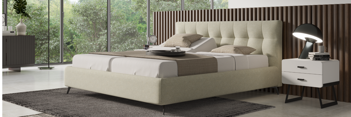 Modern bedroom with an Impero bed, nightstands, and wall art.