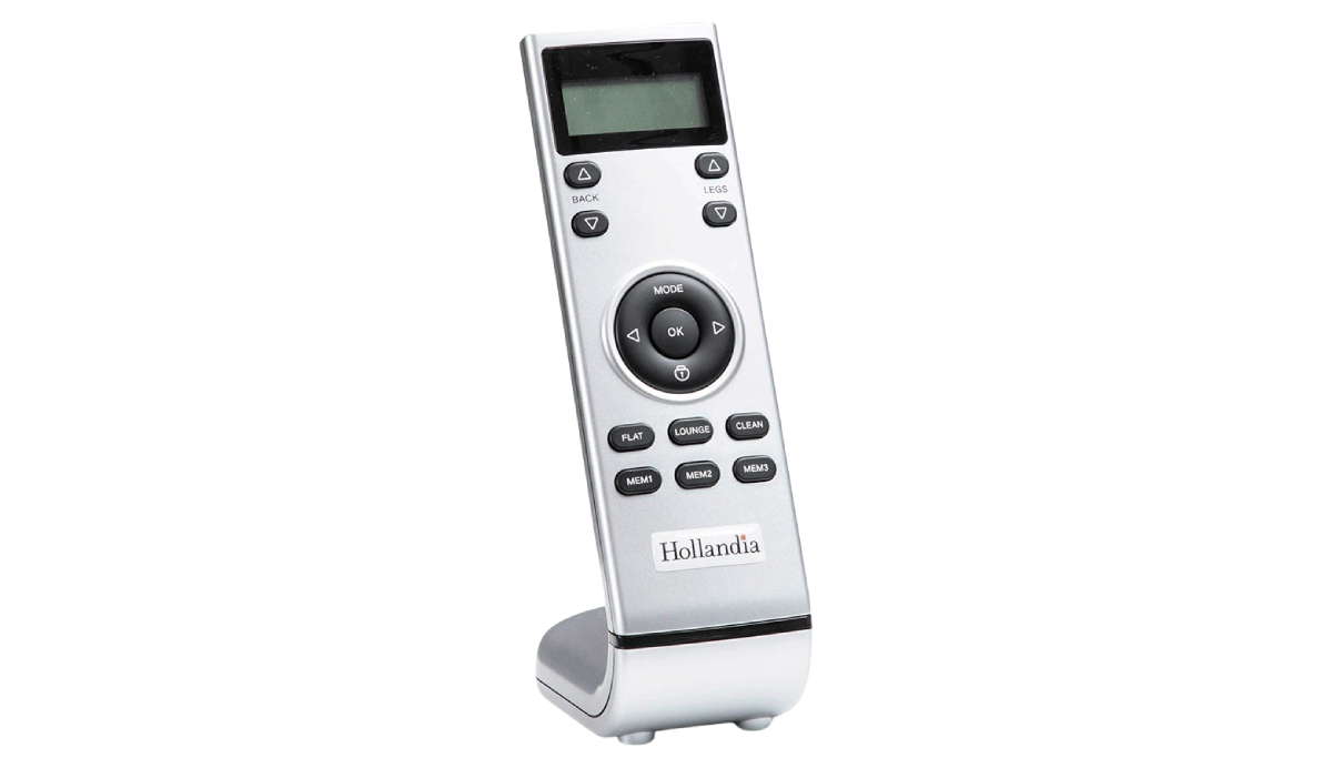 Silver remote control with digital display on a white background