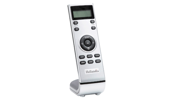 Silver remote control with digital display on a white background