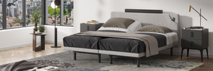 Modern bedroom with a Megi bed, nightstands, and city view window.
