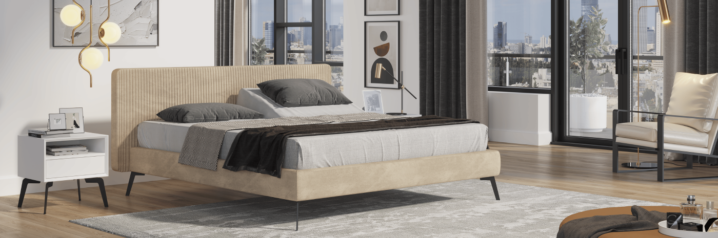 Modern bedroom with a bed, nightstands, and cityscape view