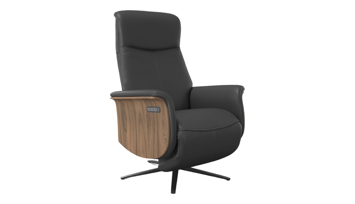 Black recliner chair with wooden armrests on a white background