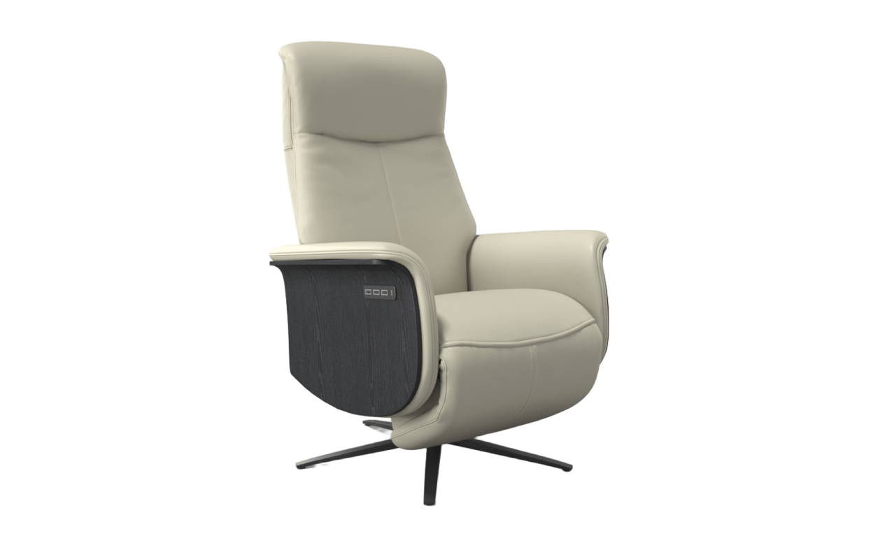 Beige recliner chair with a black base on a white background