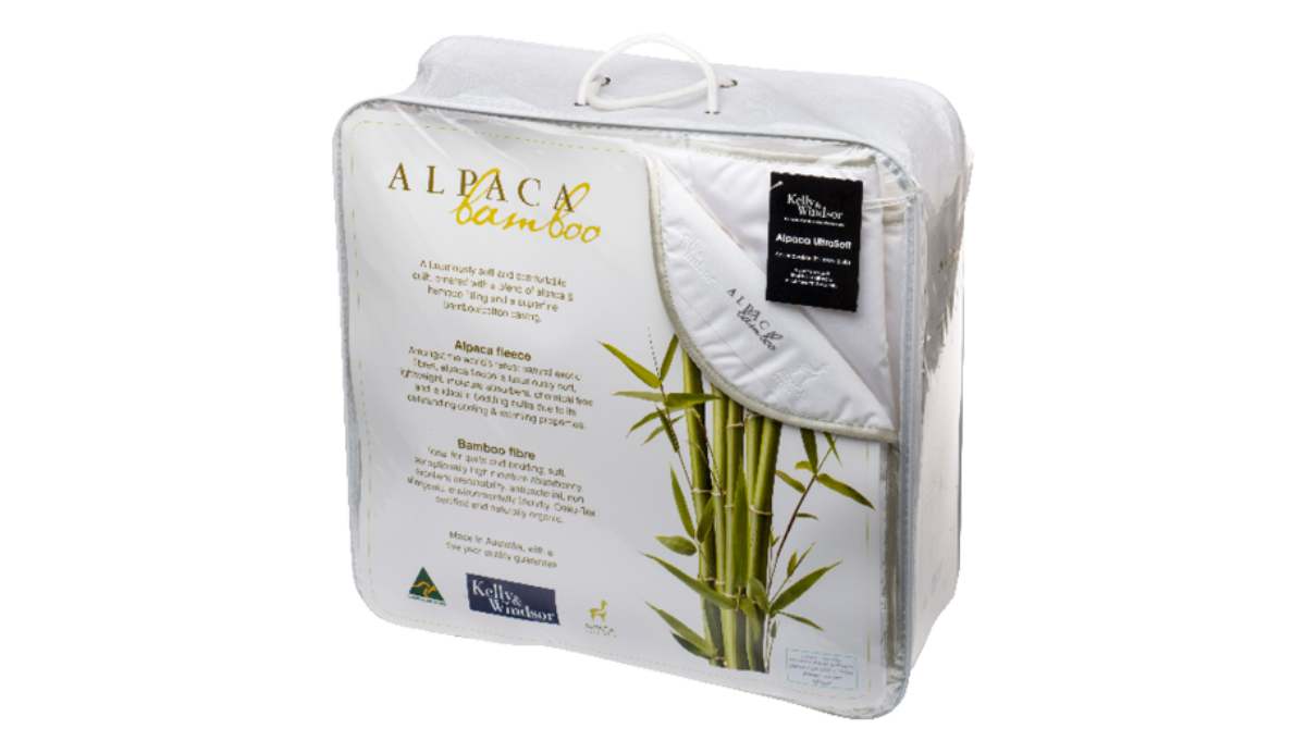 Packaged Alpaca Bamboo product with branding and product details on a white background