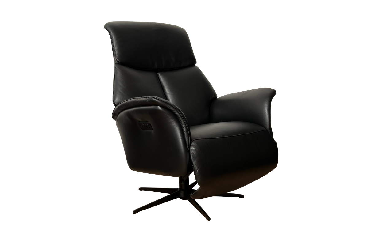 Black leather recliner chair on a white background