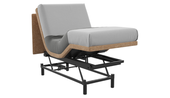 Gray recliner chair with wooden armrests on a white background