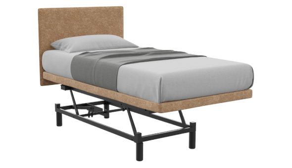 Bed with wicker headboard and metal frame on a white background