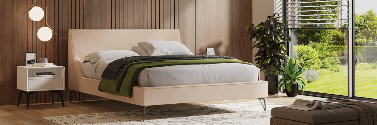 Modern bedroom with wooden wall, New Athena bed, and large window