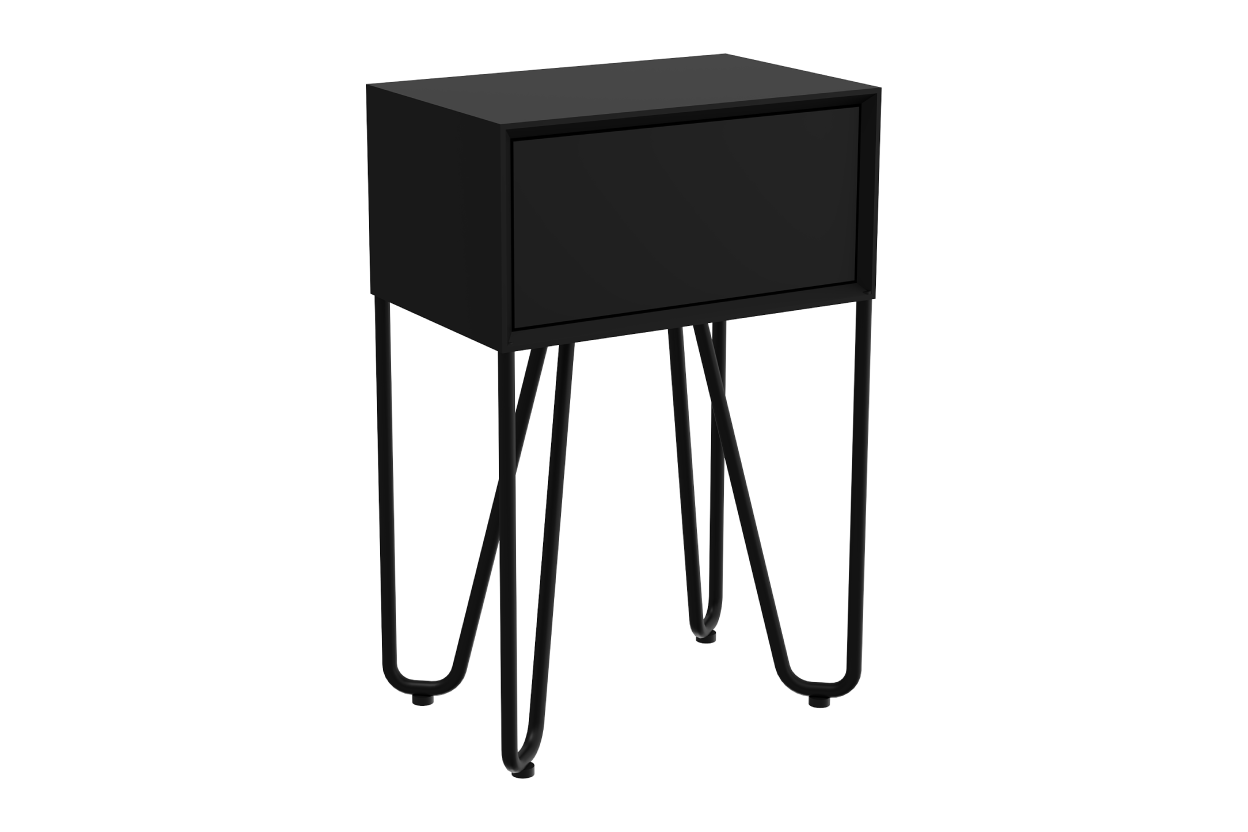 Black nightstand with hairpin legs on a white background