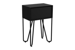 Black nightstand with hairpin legs on a white background