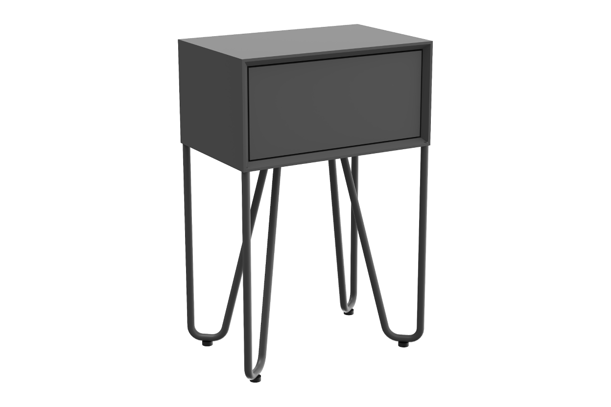 Gray nightstand with hairpin legs on a white background
