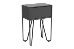 Gray nightstand with hairpin legs on a white background
