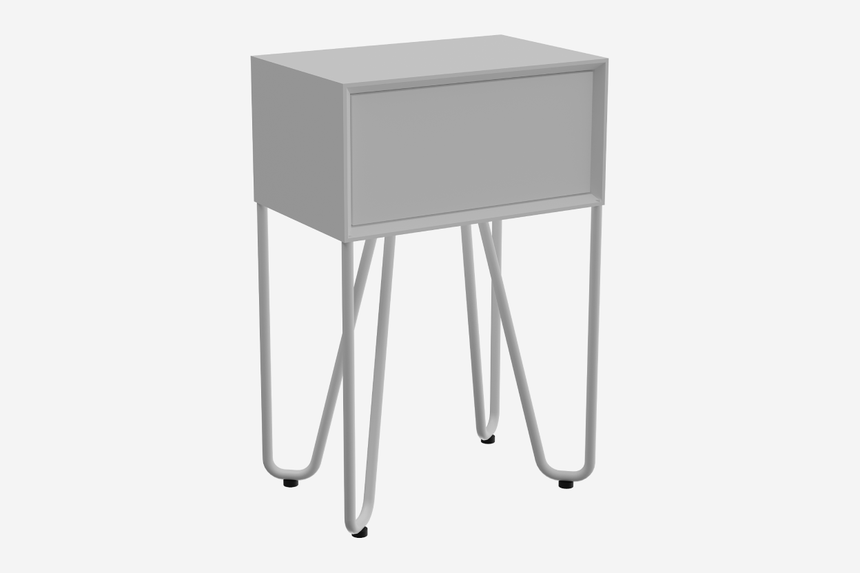 White nightstand with hairpin legs on a white background