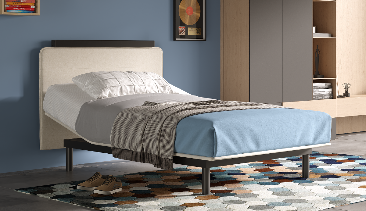 Bedroom with a bed featuring a gray headboard, white bedding, and a blue blanket on a patterned rug.