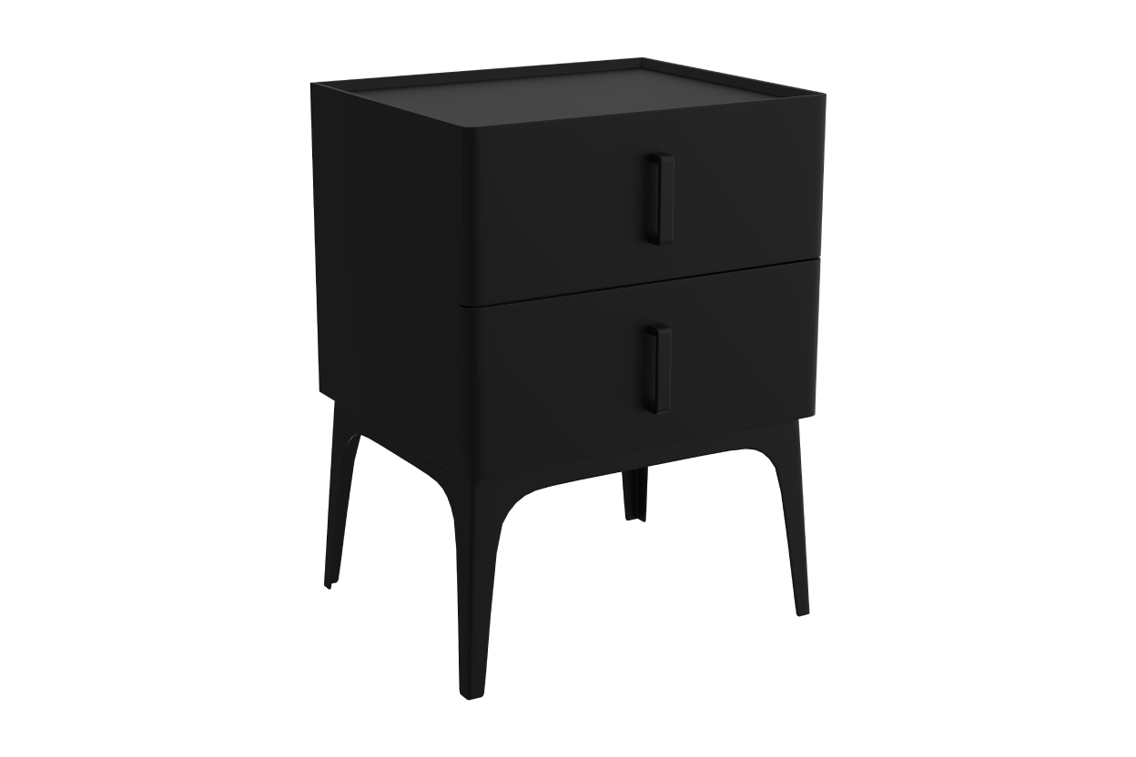 Black nightstand with black legs and handles on a white background