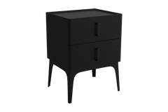 Black nightstand with black legs and handles on a white background