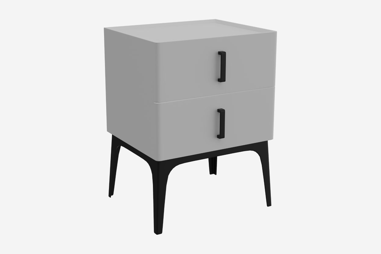 White nightstand with black legs and handles on a white background